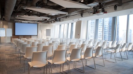 Contemporary conference room featuring minimalist design with rows of chairs and a large projector screen ready for presentations