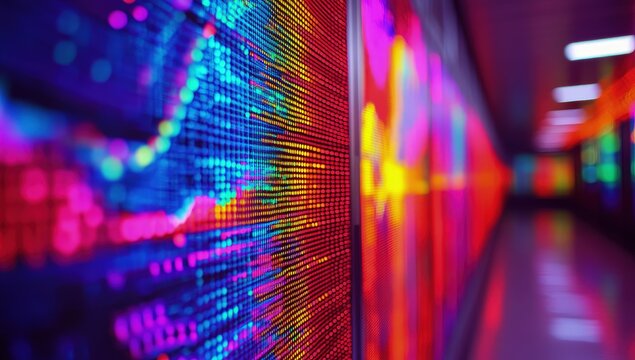 Vibrant digital wall display, glowing with colorful data streams