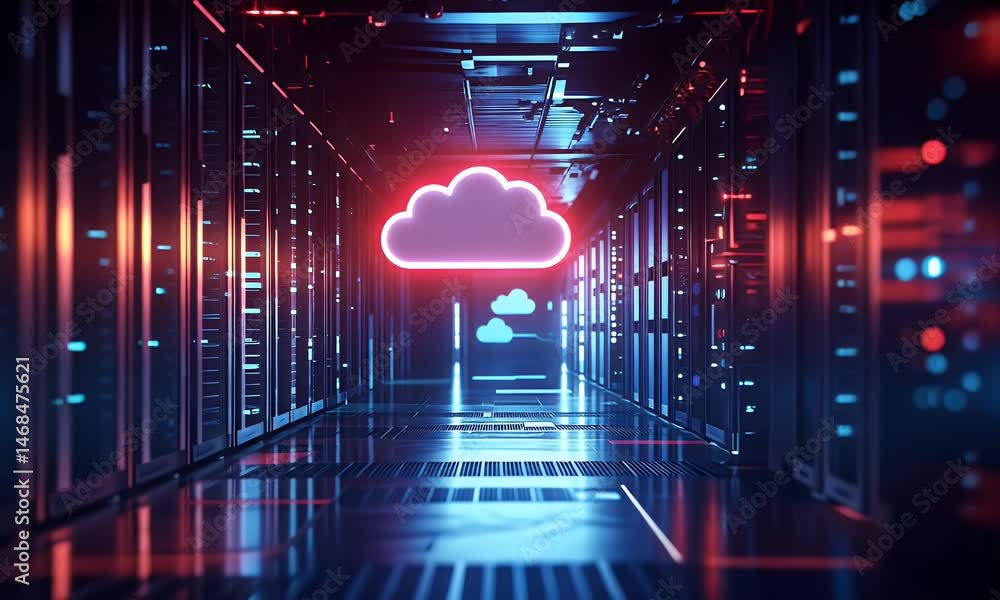 Poster a glowing cloud symbol floating above an elegant server room, representing the power of virtualized 