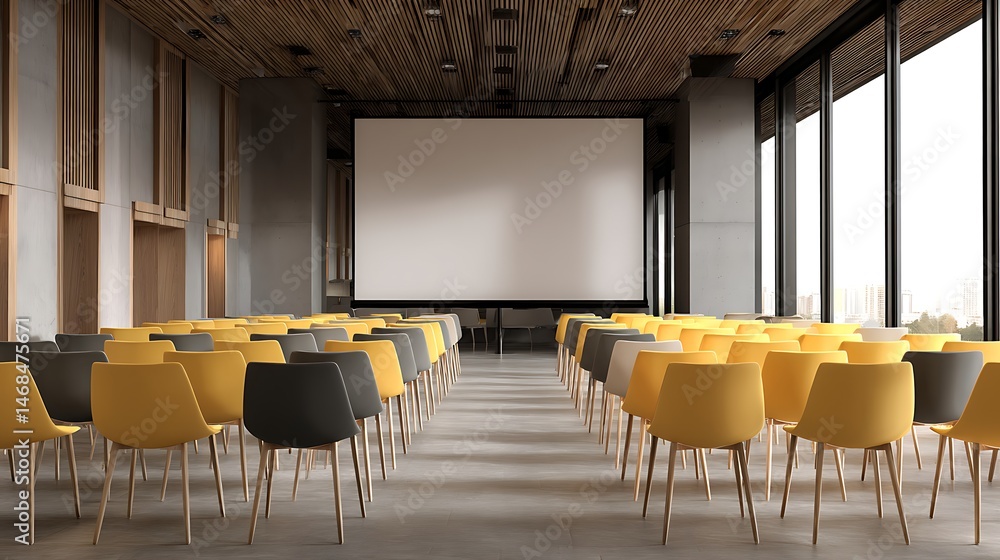 Poster contemporary conference room featuring minimalist design with rows of chairs and a large projector s