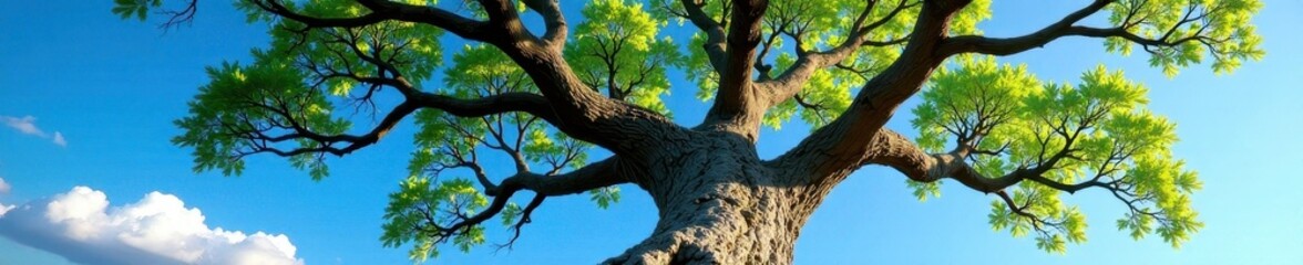 Fototapeta premium Ancient oak, branches reaching vibrant blue sky, nature, nature photography, outdoor