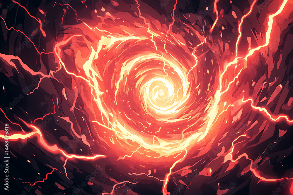 Poster swirling vortex of fiery energy with lightning bolts, creating a dynamic and intense atmosphere
