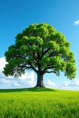 Fototapeta premium Ancient oak, solitary in vast field, blue sky , blue, majestic