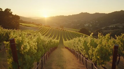 Naklejka premium Serene sunset over lush vineyard rows, showcasing vibrant grapevines and rolling hills in background
