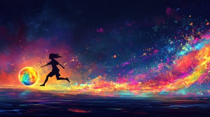 Naklejka premium Silhouette of a young woman running across a vibrant, colorful landscape, kicking a glowing orb.