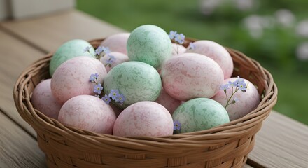 Fototapeta premium Pastel Easter Eggs in a Wicker Basket Springtime Decoration Ideas