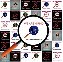 social network concept, text we are looking software engineer in magnifying glass .Vector illustration 