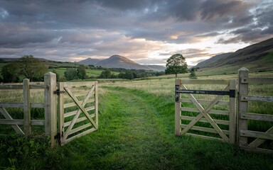 Fototapeta premium Lake District England, Open Country Gate at Sunset (4)
