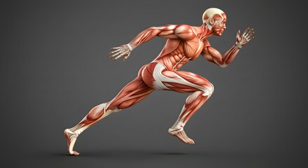 Naklejka premium Dynamic Anatomical Model of a Running Human with Muscular Structure in Action Pose