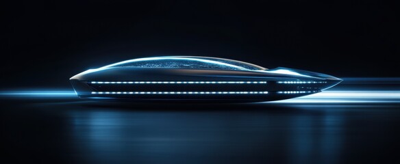 Futuristic Sleek Spaceship with Neon Lights in Motion Against Dark Background for Sci-Fi Concept