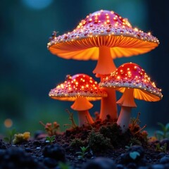Cluster of luminous mushrooms with captive fireflies, dark fantasy, dark, night scene