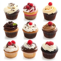 Nine cupcakes with frosting on a white background