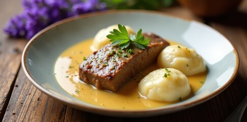 Creamy svickova sauce, beef, dumplings, lavender plate, cuisine, food, lavender