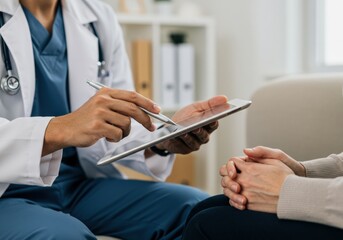Fototapeta premium A healthcare professional shows a patient their medical data on a digital tablet in consultation.