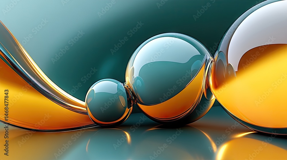 Poster abstract composition of glossy spheres and flowing forms.