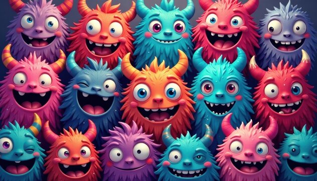 Cute monster faces repeat on vibrant background, background, funny faces