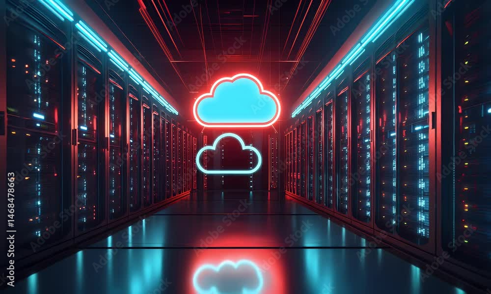Poster a glowing cloud symbol floating above an elegant server room, representing the power of virtualized 