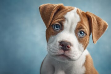 A curious brown and white puppy with bright blue eyes gazes at the viewer. Its soft fur and playful demeanor suggest youthful energy and innocence, captivating anyone who sees it.