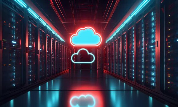  A glowing cloud symbol floating above an elegant server room, representing the power of virtualized and mandatory cloud technology. The image is illuminated by a red neon light.