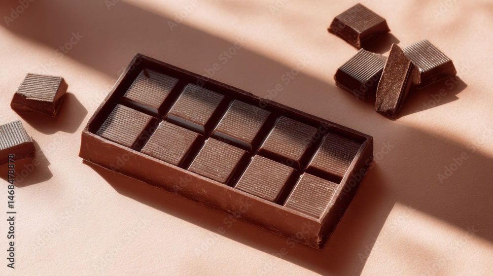 Poster chocolate bar unwrapped with scattered pieces on soft background in relaxed setting generative ai