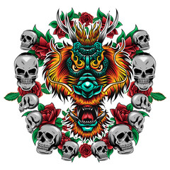 Illustration vector grapich of head dragon and skull perfect for tshirt design 