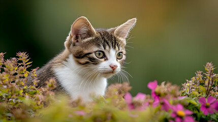 Cute Kitten Among Pink Flowers In Garden