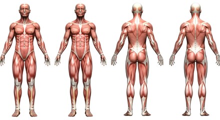 Detailed 3D Human Anatomy Model Displaying Muscular Structure from Various Angles