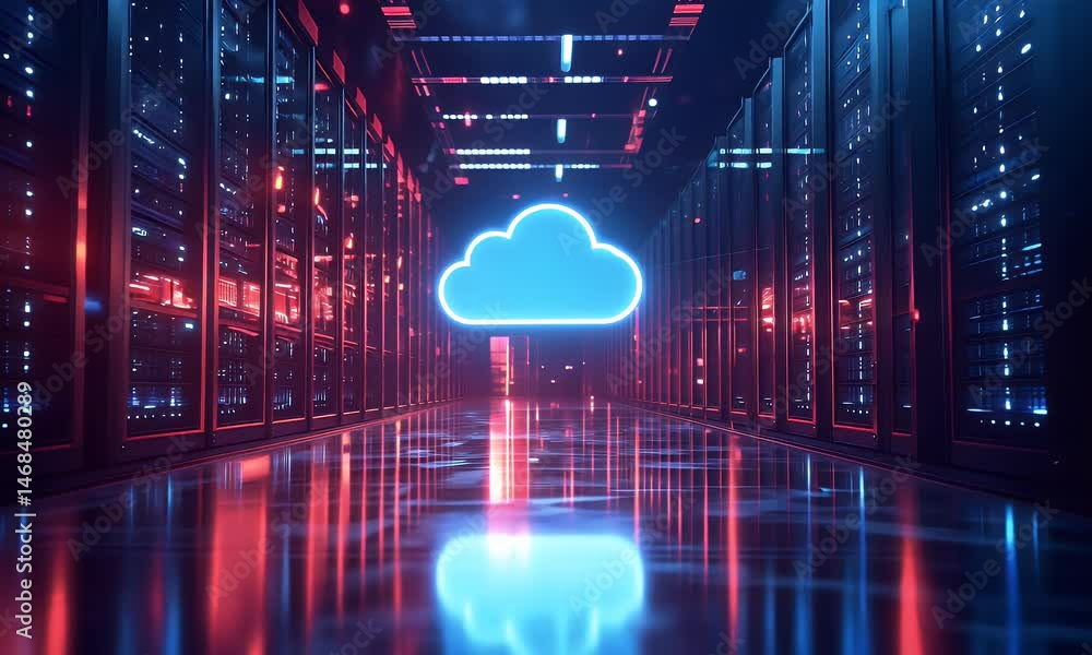 Poster a glowing cloud symbol floating above an elegant server room, representing the power of virtualized 