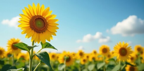 Obraz premium Giant sunflower head, towering over field of smaller blooms, summer, flora, flower