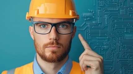Sustainable Business Concept. A focused male engineer in a hard hat stands against a blue background featuring a circuit board design, symbolizing technology and innovation.