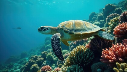 Green sea turtle glides over vibrant Malaysian coral reef , Green sea turtle, snorkeling, turtle