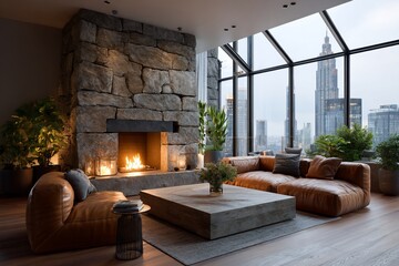 Cozy room featuring a stone fireplace, leather sofas and large window view of city
