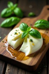 Hand-torn mozzarella, basil leaves, olive oil on rustic board, wood, summer, platter