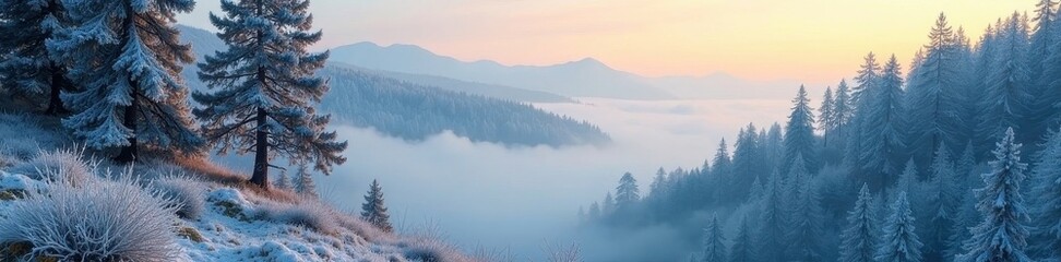 Hoarfrost clings to ancient pines, misty valley below , rural, evergreen, hoarfrost