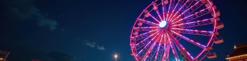 Immense Ferris wheel-like merry-go-round, brightly lit at night , sky, bright, colorful