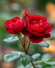 Crimson roses blossom amidst vibrant greenery, captured with soft, dreamy bokeh