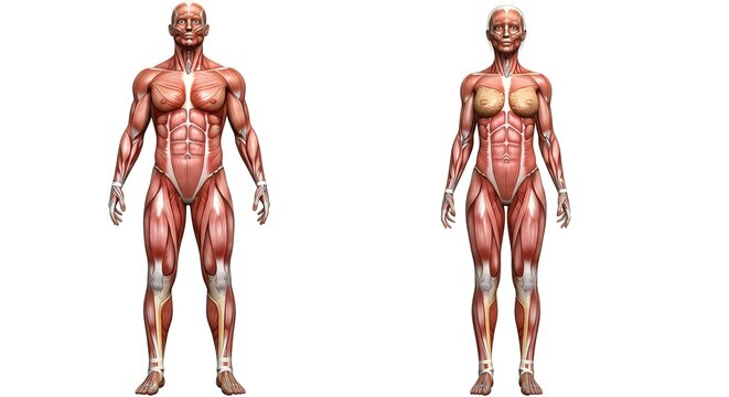 Detailed Anatomical Illustration of Male and Female Human Figures Showcasing Musculature and Structure