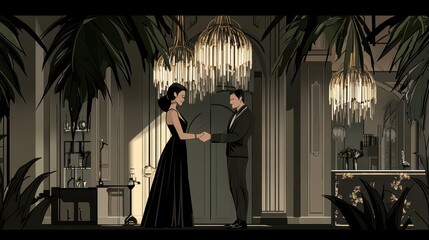 Naklejka premium Pixelated elegance a romantic encounter retro styled mansion with shimmering chandeliers and vintage charm evoking timeless love story
