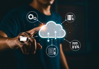 A person interacts with a digital cloud icon, connected to various data and processing symbols (files, folders, server, settings), illustrating cloud computing concepts.
