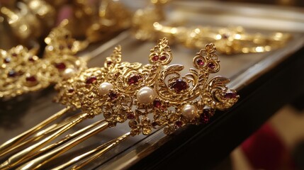 Ornate gold hair accessories with precious gems and pearls.