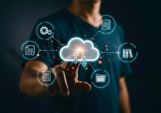 A person interacts with a digital cloud icon, connected to various data and processing symbols (files, folders, server, settings), illustrating cloud computing concepts.
