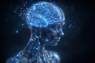 A detailed depiction of a transparent human head filled with luminous circuitry, representing a brain. The glowing elements create a captivating visual effect against a dark background.