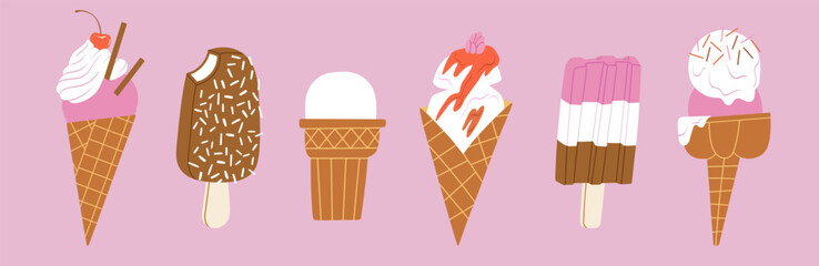 Set of vector illustrations with various ice-cream. Good for creating designs related to desserts, restaurants, cafes, branding, posters, flyers, packaging. Cone, stick, chocolate  and berry flavor 