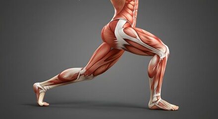 Detail of Muscular Anatomy of a Human Leg in Dynamic Running Position Against Dark Background