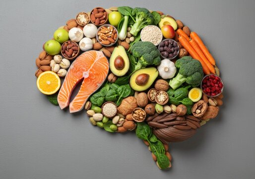 Colorful, healthy foods arranged in the shape of a human brain, promoting nutrition.