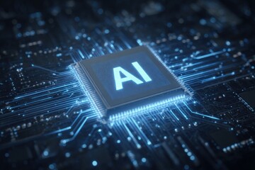A close-up view of a circuit board with a prominently displayed AI chip, illuminated in blue. Surrounding the chip are numerous interconnected electronic pathways, highlighting advanced technology.