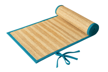 Woven Straw Mat with Blue Border and Ties Rolled Up, Isolated on Transparent Background