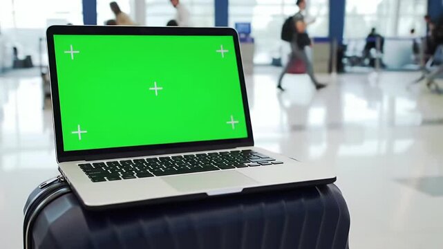 Laptop with Green Screen on Suitcase