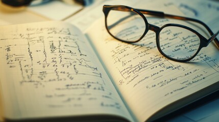 Open notebook with handwritten notes and glasses evokes thoughtful study