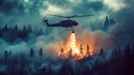 Fototapeta premium Forest fire helicopter extinguishing flames in dense trees.